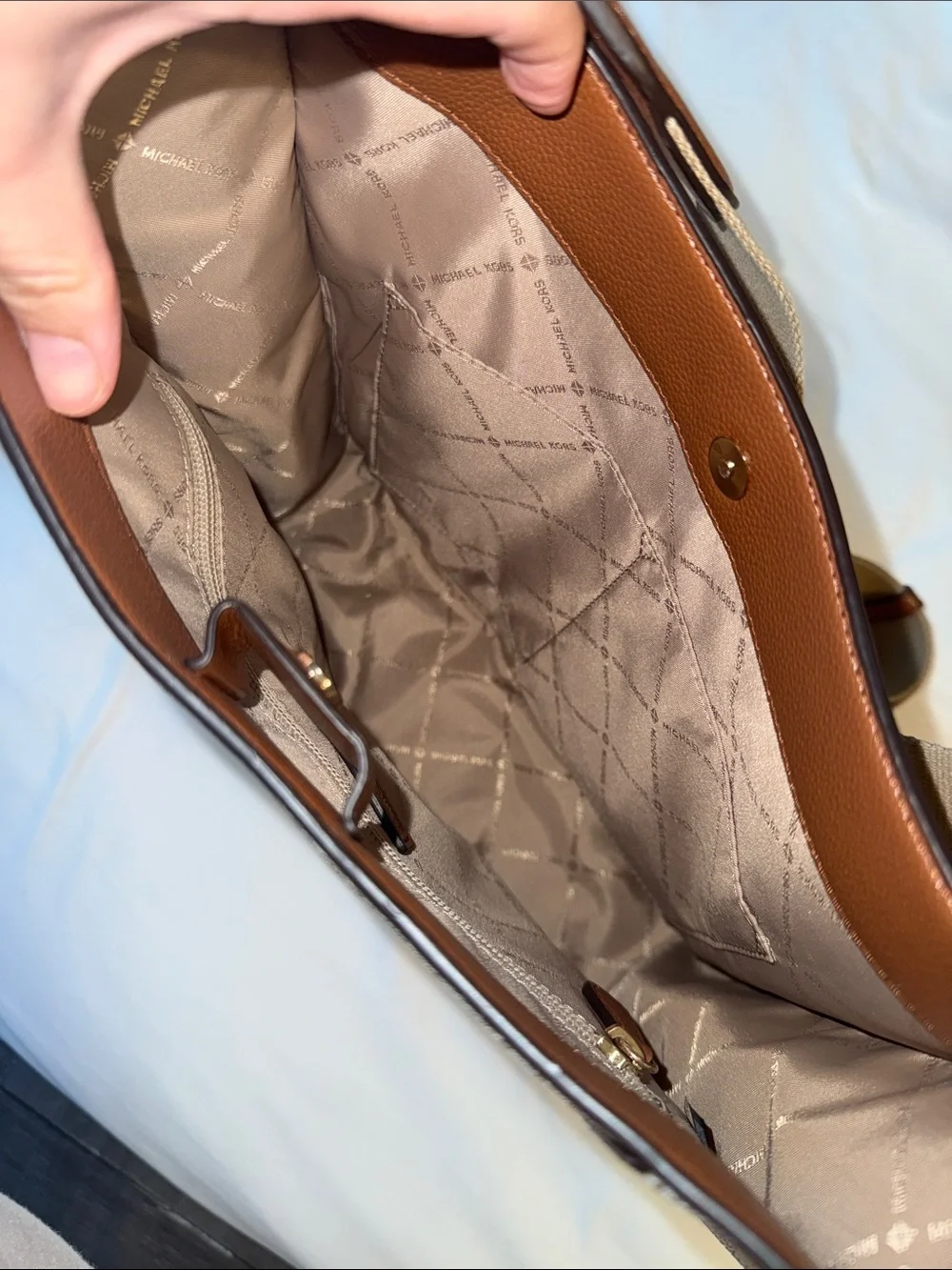 Michael Kors Cream and Brown MK Logo Crossbody Bag with Adjustable Strap